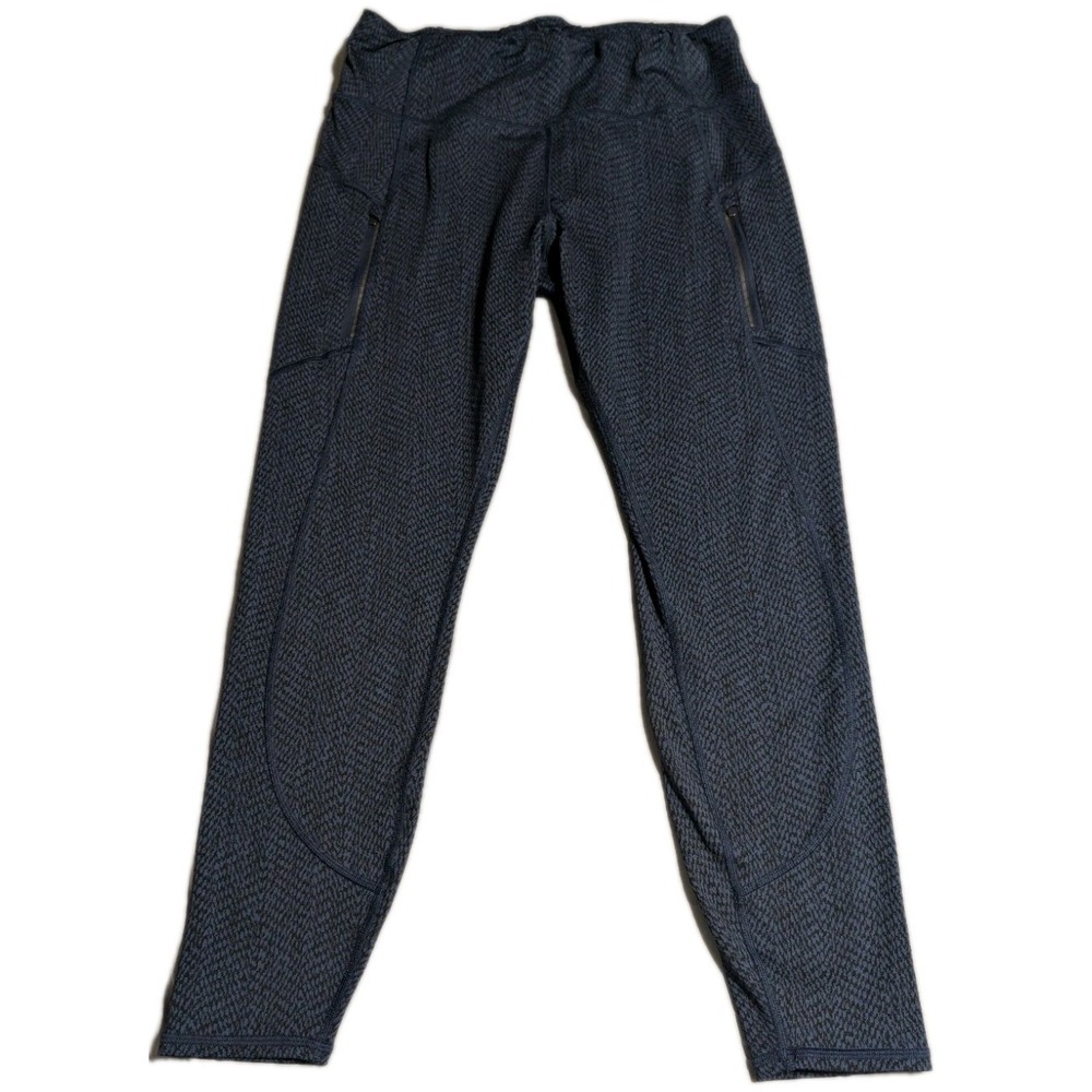 Athleta Rainier Textured Tight Leggings Womens Large Blue Black Zip Pocket